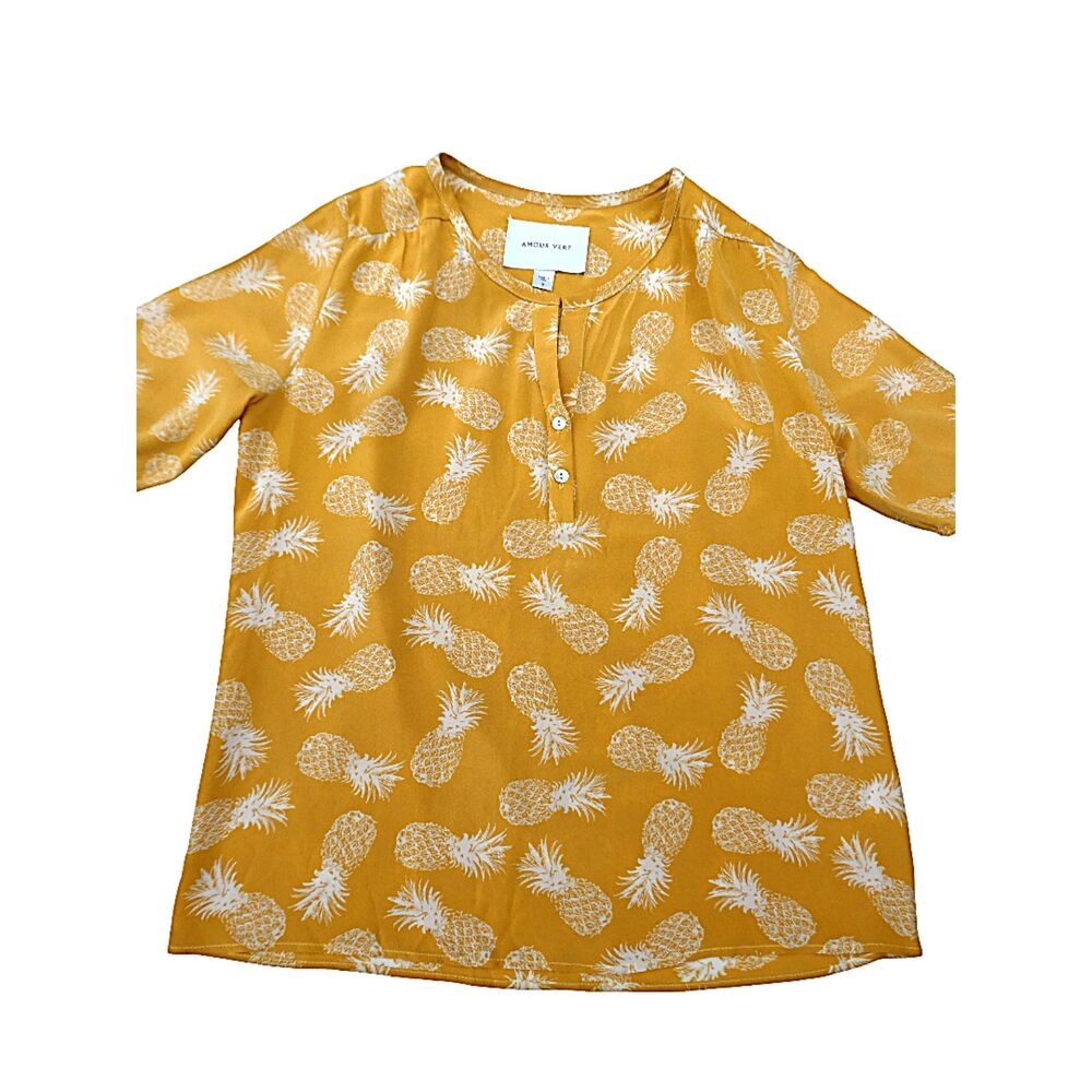 SiLK Amour Vert USA Yellow Pineapple Half Sleeve Blouse Shell Button Front S